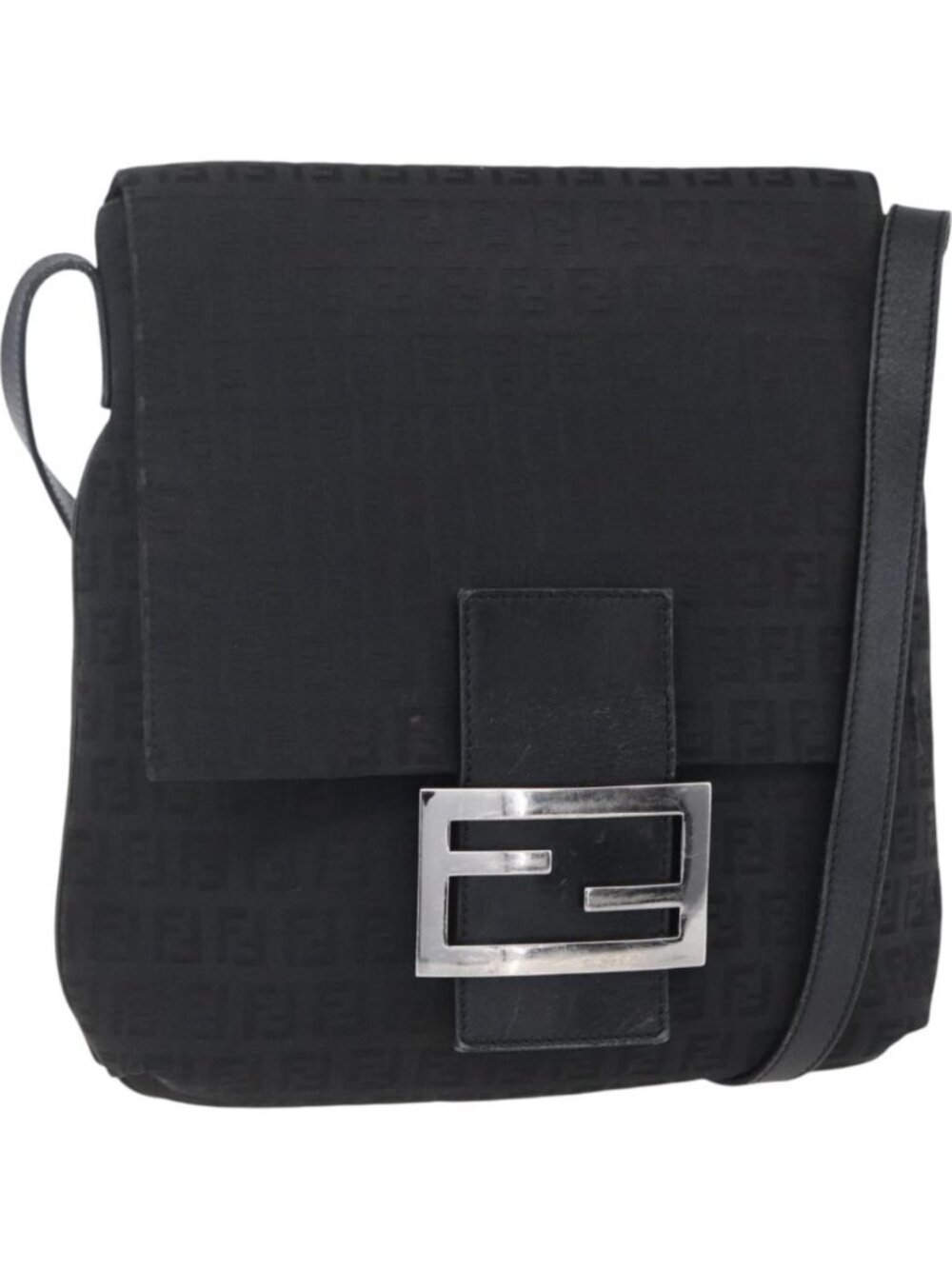 FENDI Zucchino Canvas Shoulder Bag Black Silver